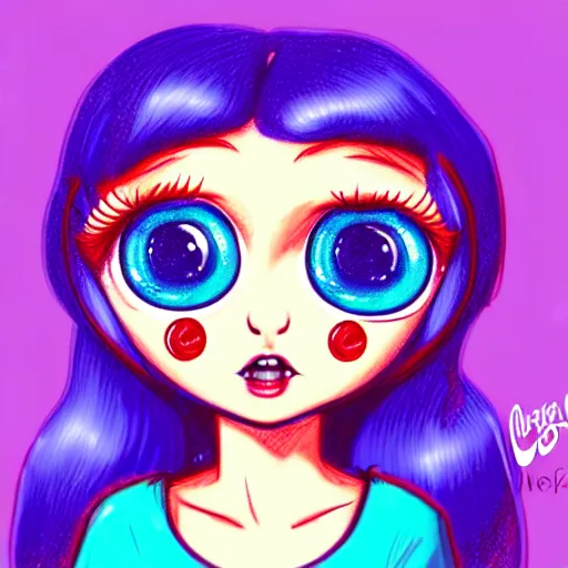 Prompt: the coke logo personified as a cute sprite themed cartoon girl in the style of the youtuber lavender towne, margaret keane style, large creepy eyes, extremely detailed and colorful eyes, digital art, deviant art, soda themed girl, hyper detailed eyes, money sign pupils, tim burton, scratchy lines