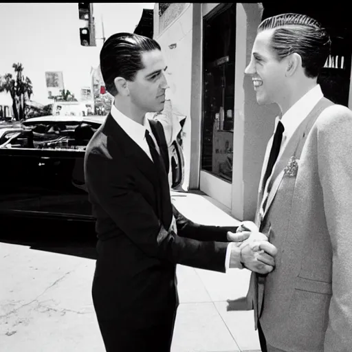 Image similar to G-Eazy meeting Frank Sinatra in the Hollywood Boulevard, filmed by Steven Spielberg