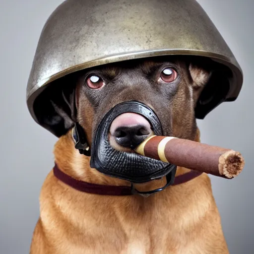 Image similar to dog with military helmet and cigar in mouth