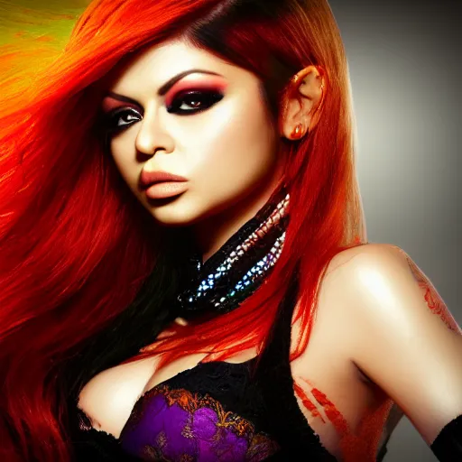 Prompt: portait centred photo of haifa wehbe, very beautifull face, sadness look, long purple hair, hd, unreal engine, final fantasy style amazing red orange green background theme