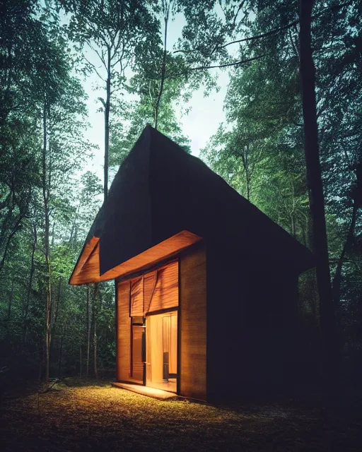 Image similar to an exquisite wooden house in the middle of a lush forest at night, minimalist design, architectural photography, dark and dim lighting, beautiful, tranquil, moody, cinematic, fantasy, 3 5 mm lens, volumetric lighting, first person view, photographic render, hyper realistic