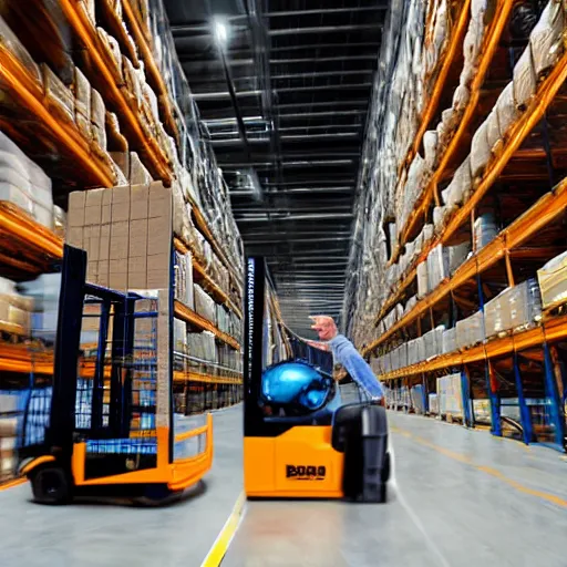 Prompt: jeff bezos driving a forklift inside a warehouse, ultra high detail, photorealistic