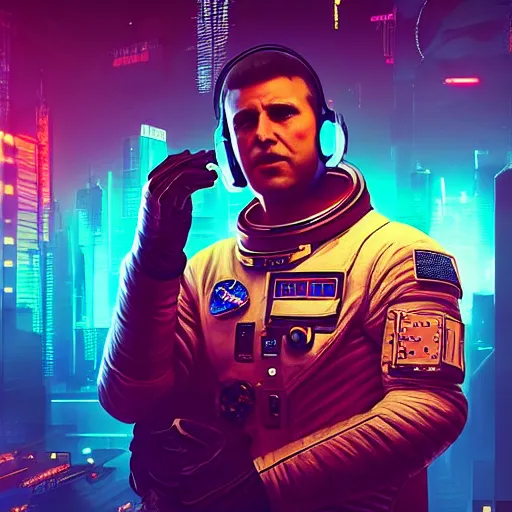 Image similar to professional photo of astronaut from low angle shot with cyberpunk city on background, synthwave, blade runner, hyperrealistic masterpiece, trending on artstation, cgsociety, kodakchrome, golden ratio, cinematic, composition, beautiful lighting, hyper detailed, sharp focus, octane render, 4 k, unreal engine