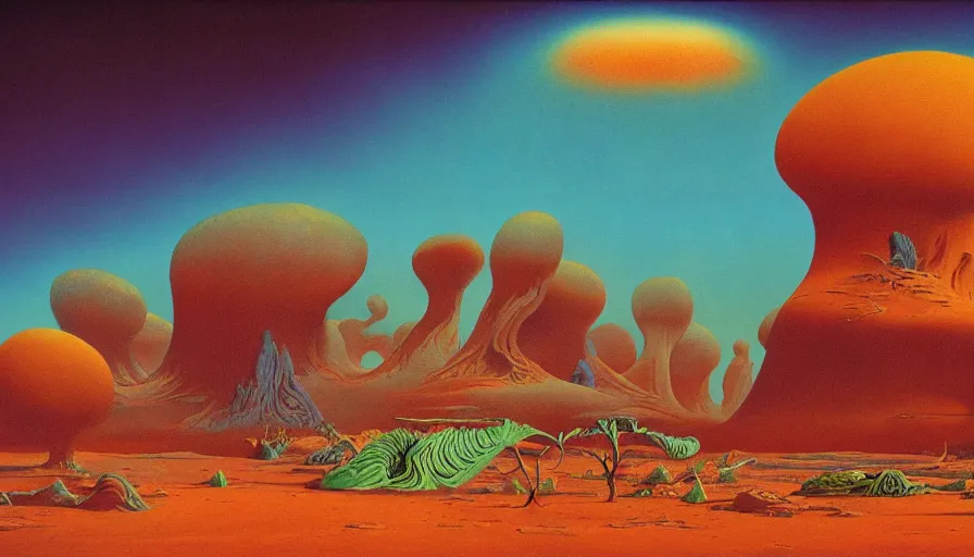 Image similar to psychedelic surreal alien landscape, by roger dean, by dean ellis, detailed high resolution, atmospheric environment, oil on canvas