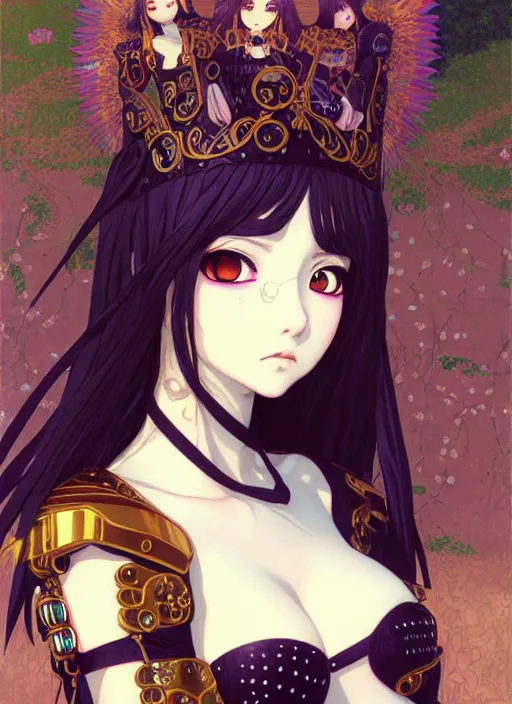 Image similar to portrait of beautiful young gothic anime maiden in bikini armor, cute-fine-face, pretty face, realistic shaded Perfect face, fine details. Anime, cyberpunk, highly detailed, artstation, illustration, art by Ilya Kuvshinov and Gustav Klimt and Gustav Klimt and Gustav Klimt and Gustav Klimt