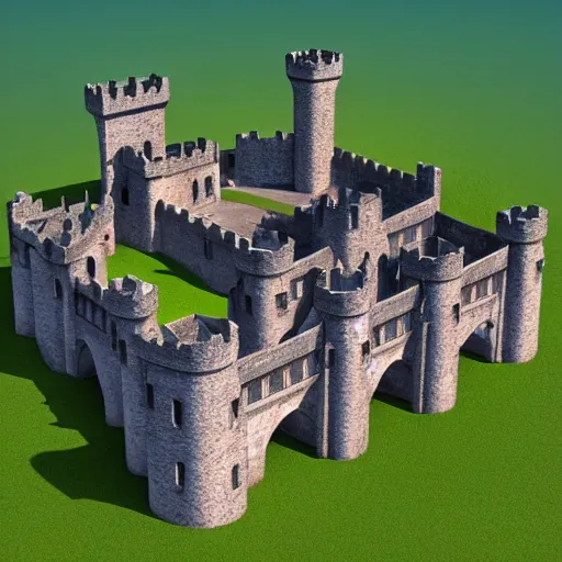 Prompt: medieval castle in a jungle, 3 d, isometric, low poly, courtyard