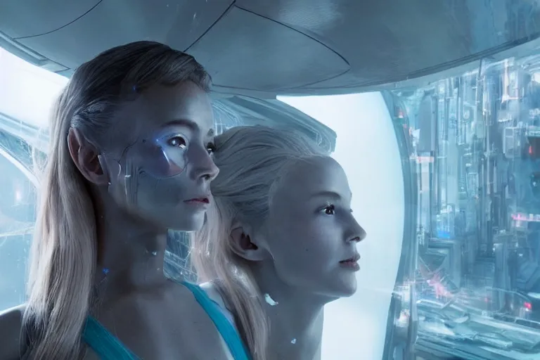 Image similar to VFX movie of a futuristic space woman model gorgeous portrait in inhuman future spaceship, cyberpunk dress, beautiful natural skin natural lighting by Emmanuel Lubezki