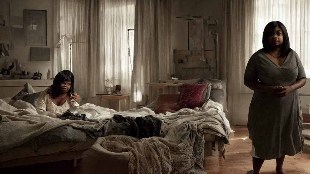 Image similar to Octavia Spencer alone in her studio apartment, moody, sad scene from the movie Pt Anderson, she takes to her friend in a virtual world, art house, award winning film, 3D rendered lighting, stunning cinematography by Hoyte van Hoytema