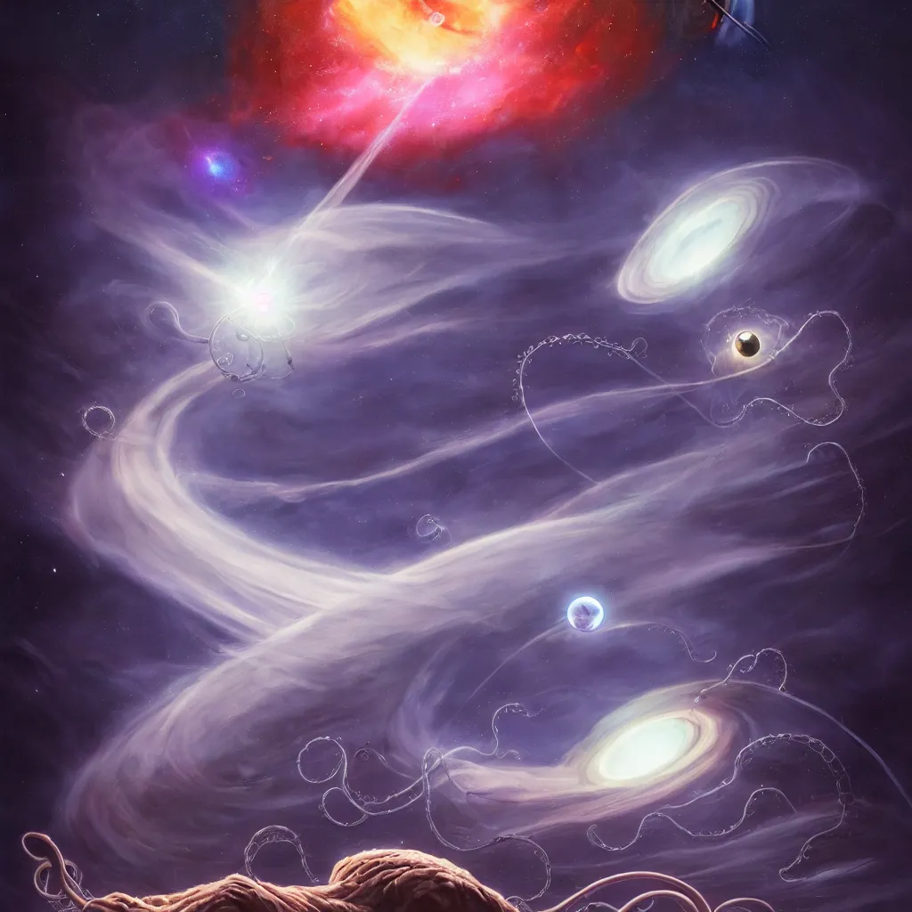 Image similar to giant celestial mosnter levitating a solar system between it's tentacles, peter mohrbacher, space, black hole, planet, clouds, nebula, creature, alien, apocaplypse, destruction, demon, archmage, wizard, tower, castle, colorful, high constrast, lens flare, oil painting, detailed, 4 k, 8 k