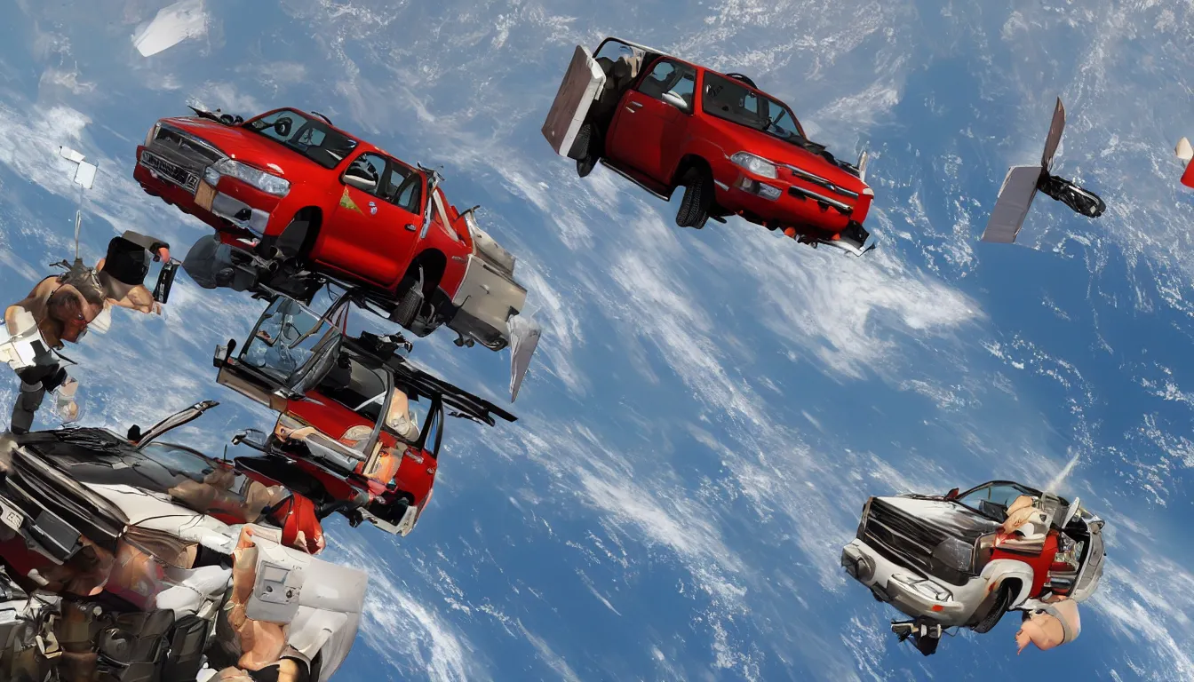 Prompt: WhistlinDiesel dropping a Toyota Hilux from the International Space Station, trending on artstation