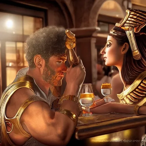 Image similar to an roman god on a date with Egyptian goddess at a bar Trending on artstation DeviantArt Pinterest furaffinty Photorealistic HD 8k highlights and shadow detailed High Resolution