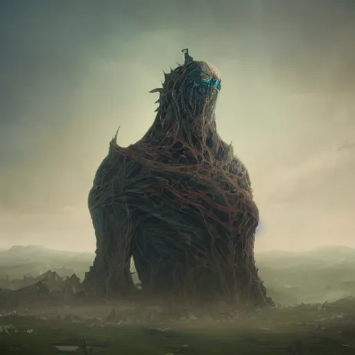 Image similar to a digital painting of a gigantic big enormous humanoid monster standing in the sky, concept art by simon stalenhag and peter mohrbacher cgsociety, vanitas, ominous, lovecraftian, speedpainting, apocalypse art. mist. unreal engine. hyper - realistic. photo realistic. octane render. detailed masterpiece. extreme wide shot. dutch tilt