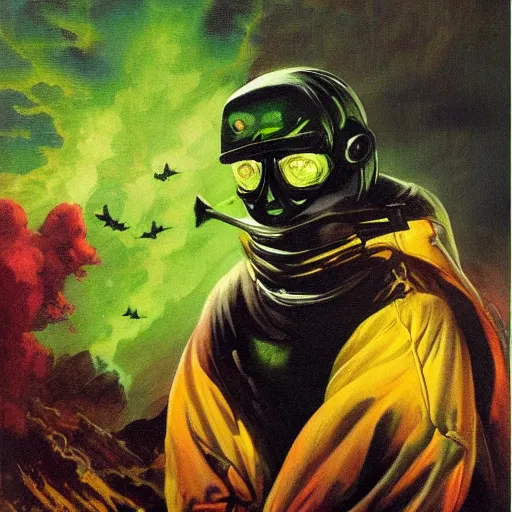 Prompt: ultra realistic portrait painting of a man in a hazmat suit surrounded by glowing green radiation and bats, art by frank frazetta, vintage levi ’ s ad, stormy weather, dark vibes, 4 k, ultra realistic, highly detailed, epic lighting