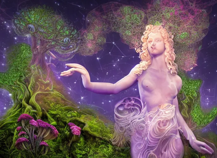 Image similar to glowing delicate flower and mushrooms that grow in a dark fatansy forest on the planet Pandora, an idealistic marble statue with fractal flowery hair in a fractal garden,