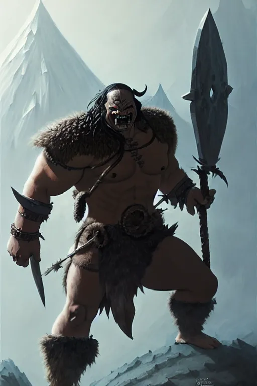 Image similar to orc barbarian wearing leather armor, full body shot, exquisite details, earth magic, mid view, design on a white background, by greg rutkowski, makoto shinkai, takashi takeuchi, studio ghibli