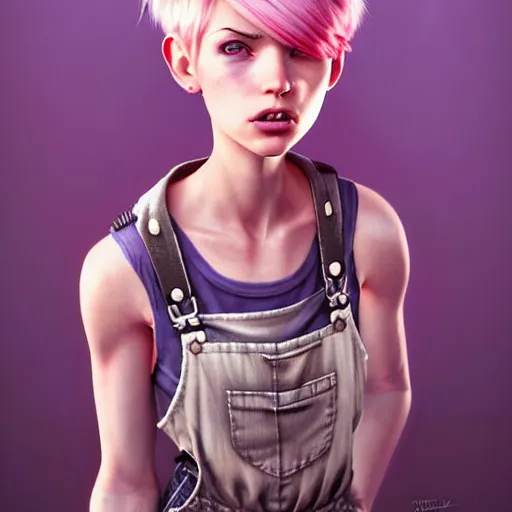 Image similar to full body pose, pixar, beautiful androgynous girl, pink pixie cut hair, torn overalls, short shorts, combat boots, fishnets, beautiful, highly detailed face, true anatomy!, extremely detailed!, digital painting, unreal engine 5, art by tom bagshaw