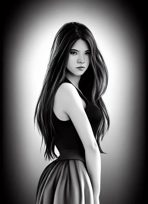 Image similar to full body portrait of a beautiful young woman in black and white, photorealistic, hair down to waist, sharp focus, in the style of Kevin Kostic, Stephen Lau and artgerm, hyper sharp focus, 8k highly detailed