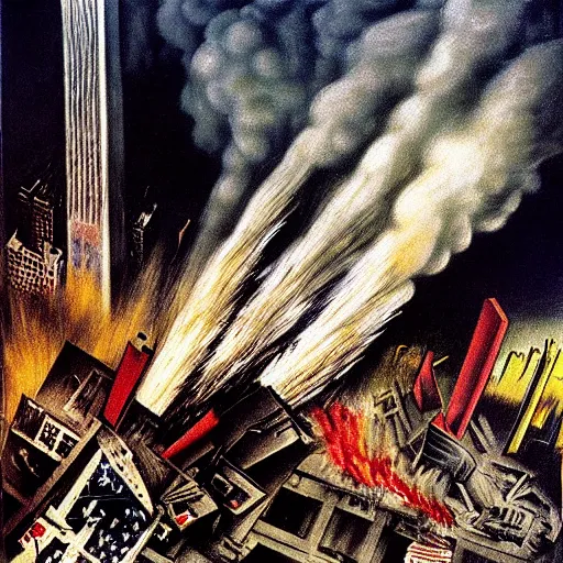 Prompt: 9 / 1 1 attack by otto dix, hyperrealistic, aesthetic, masterpiece