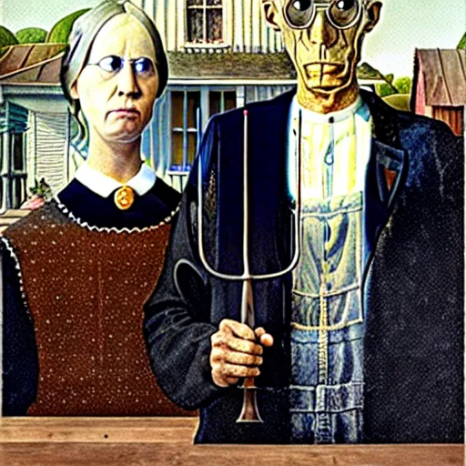 Prompt: American Gothic reimagined as plague doctors