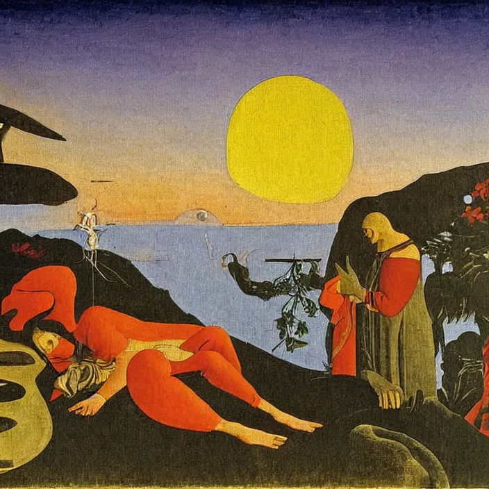 Prompt: obituary for an alchemist at sunset. painting by uccello paolo, max ernst