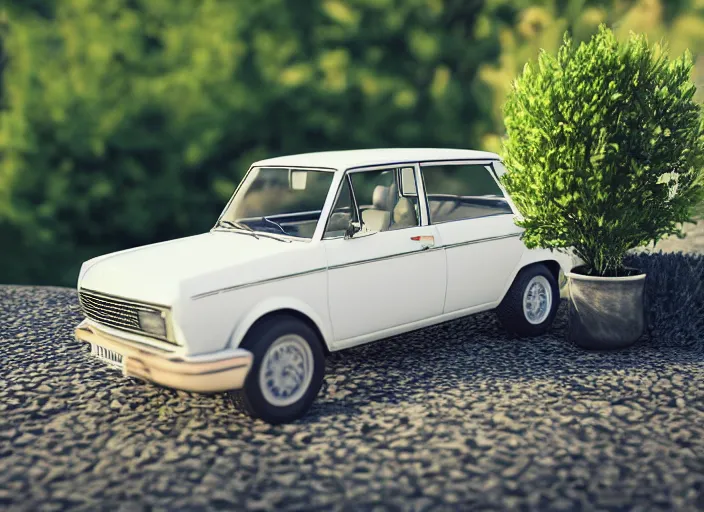 Prompt: a small miniature of a Ford Cortina 1980 on a white table near a book and a vase with a plant, 3d render, octane render, unreal engine 5, path tracing, serene landscape, calm, relaxing, beautiful landscape, highly detailed, high quality, 4k, symmetrical, low contrast