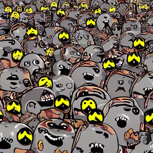 Image similar to an army of emojis invading earth, post apocalyptic, realistic