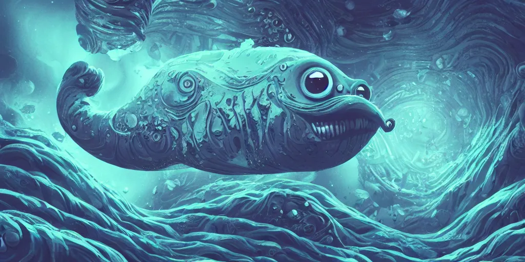 Image similar to of an intricate deep sea with strange cute friendly happy creatures with huge eyes, mouth, long tongue, round teeth and goofy face, appearing from the background, in the style of gehry and gaudi, macro lens, shallow depth of field, ultra detailed, digital painting, trending artstation, concept art, illustration, cinematic lighting, photorealism, epic, octane render