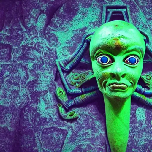 Image similar to weird alien blue and green body Egyptian head alien grotesque baroque gothic style dead space interior