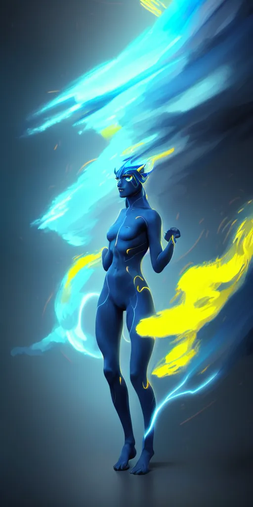 Prompt: wispy smoky full body illustration of a dark blue air elemental with yellow eyes and lightning; detailed, best on artstation, cgsociety, wlop, cosmic, epic, stunning, gorgeous, masterpiece