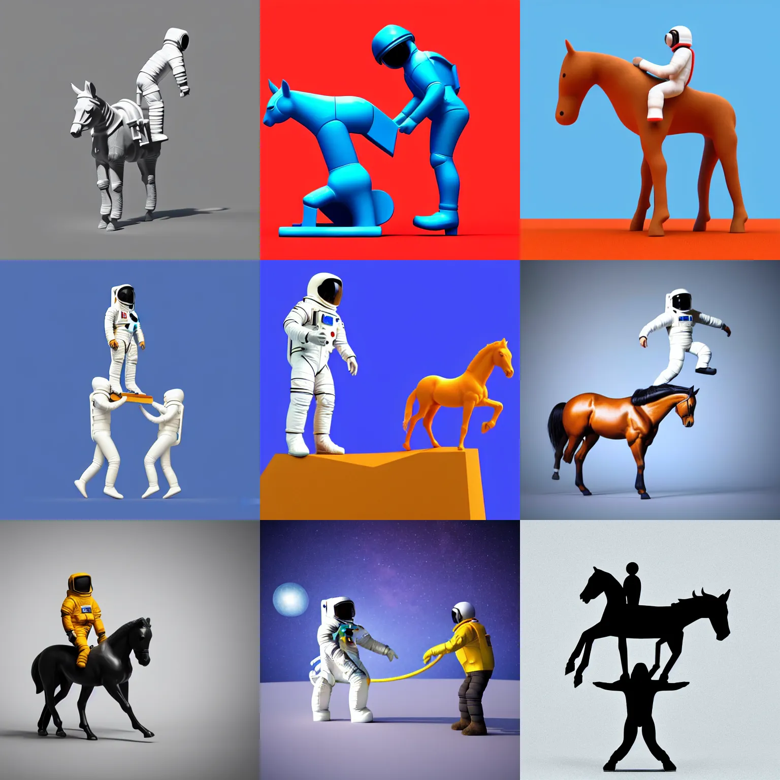 Prompt: an astronaut standing on the ground and a small trippy aggressive centaur standing on that poor standing on all - fours astronaut, trying to ride it the horse is on his shoulders minimalist style, 3 d render, isometry