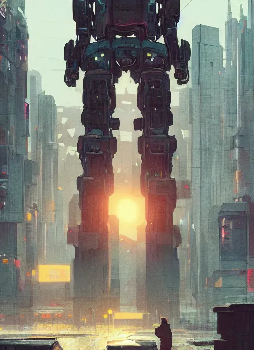 Image similar to a painting of a giant robot standing in front of a city, cyberpunk art by mike winkelmann, behance contest winner, nuclear art, dystopian art, apocalypse art, sci - fi