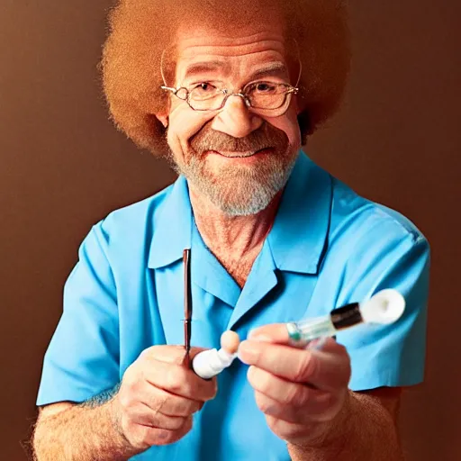 Prompt: portrait of bob ross holding a syringe and a spoon, photo