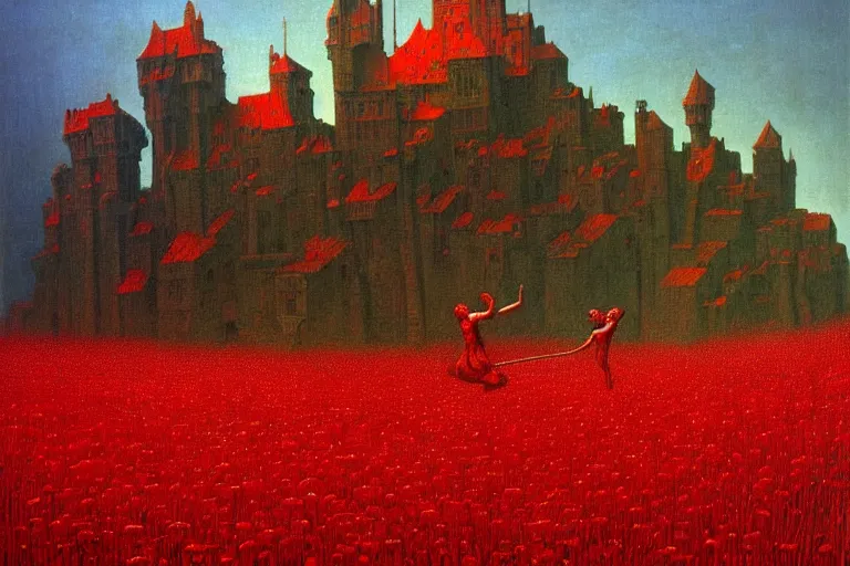 Image similar to only with red, red flowers of different types, a castle in the background, red orcs and trolls dance over the flowers, in the style of beksinski, part by hopper, part by rodcenko, part by hofbauer, intricate composition, red by caravaggio, insanely quality, highly detailed, masterpiece, red light, artstation