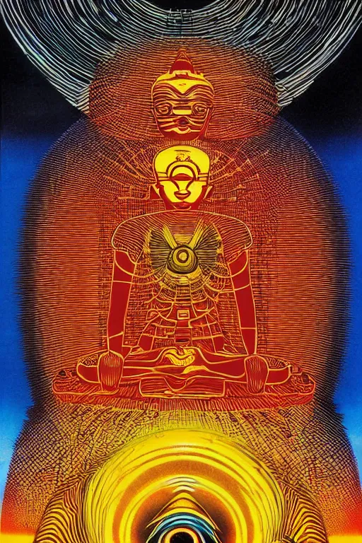 Prompt: a blazing geometric sun above a techno buddha, detailed, 4 k, warm colours, by stanley donwood and philippe druillet,