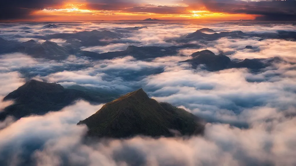 Prompt: amazing landscape photo of a flying island above a lake, above the sky, above clouds, in sunset by marc adamus, beautiful dramatic lighting