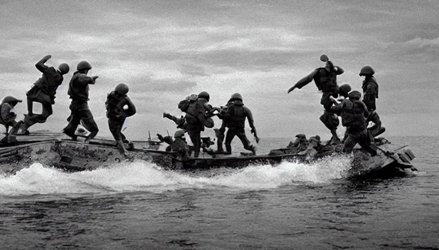 Image similar to “minions jumping out of boat into water on D-Day, 4k, cinematic, award winning”