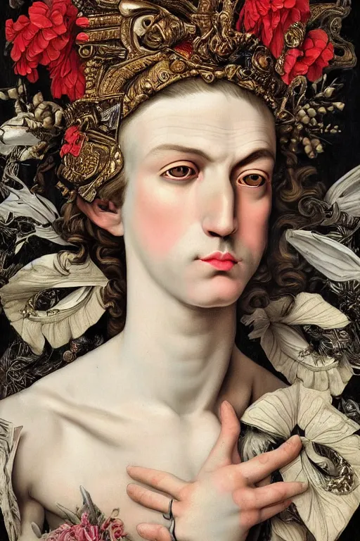 Image similar to Detailed maximalist portrait a greek god with large lips and with large white eyes, exasperated expression, botany bones, Grimm fairy tales, HD mixed media, 3D collage, highly detailed and intricate, surreal illustration in the style of Caravaggio, dark art, baroque