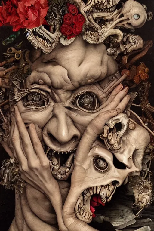 Image similar to Detailed maximalist portrait with large lips and with large white eyes, angry, exasperated expression, skeletal, HD mixed media, 3D collage, highly detailed and intricate, surreal illustration in the style of Caravaggio, dark art, baroque