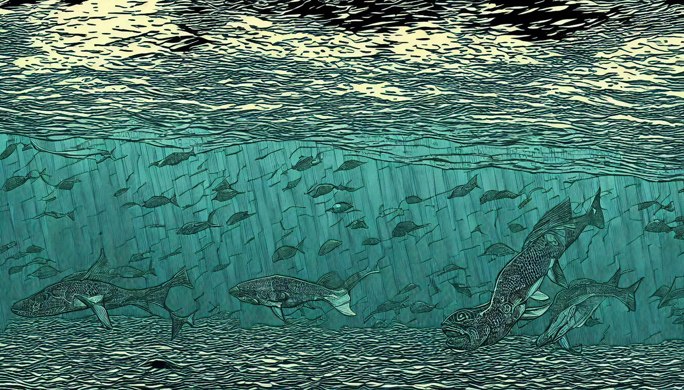 Image similar to underwater by dan mumford and peter doig and edward hopper, symmetrical, minimal, black ink, thick lines highly detailed, muted colours 8 k