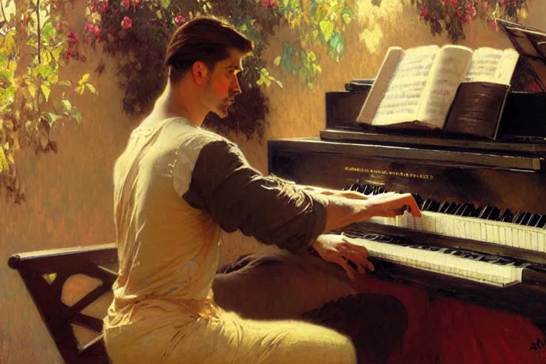 Image similar to attractive man, playing piano, painting by gaston bussiere, craig mullins, greg rutkowski, alphonse mucha