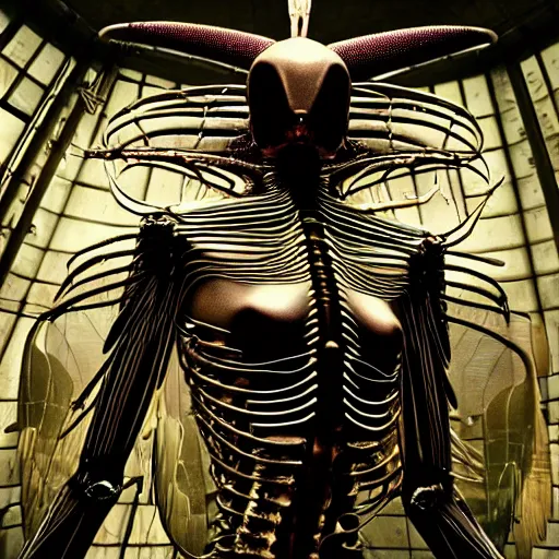 Image similar to still frame from Prometheus movie by Makoto Aida, flying biomechanical angel gynoid by giger, mimicking devil's flower mantis, metal couture by Guo pei, editorial by Malczewski and by Caravaggio