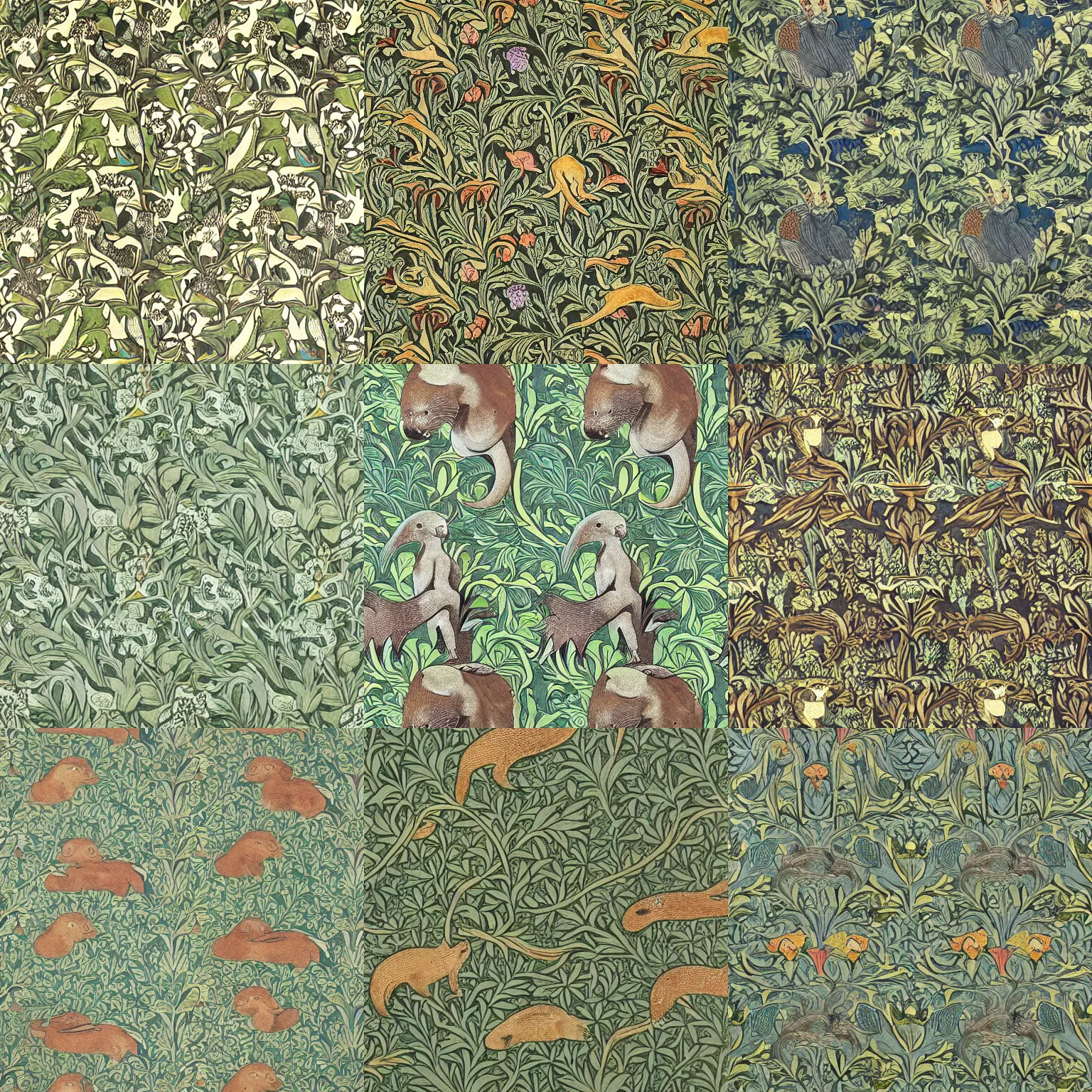 Prompt: William Morris wallpaper featuring otters.