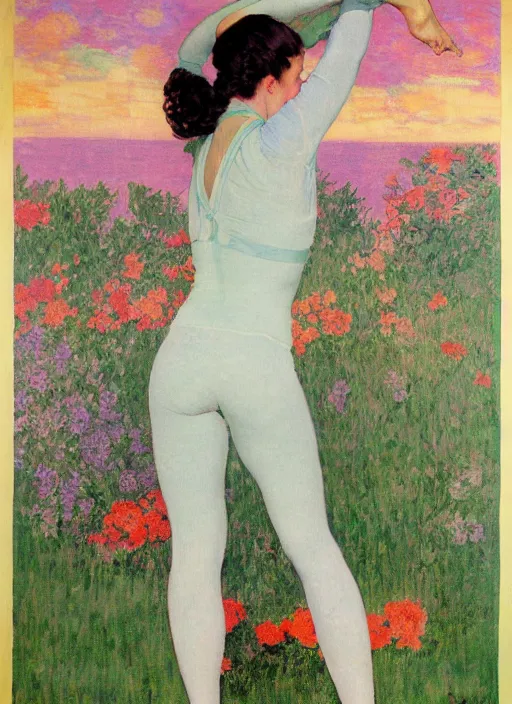 Image similar to an art nouveau painting poster of a girl doing yoga with a futuristic kimono and leggins in middle of a landscape by norman rockwell and monet