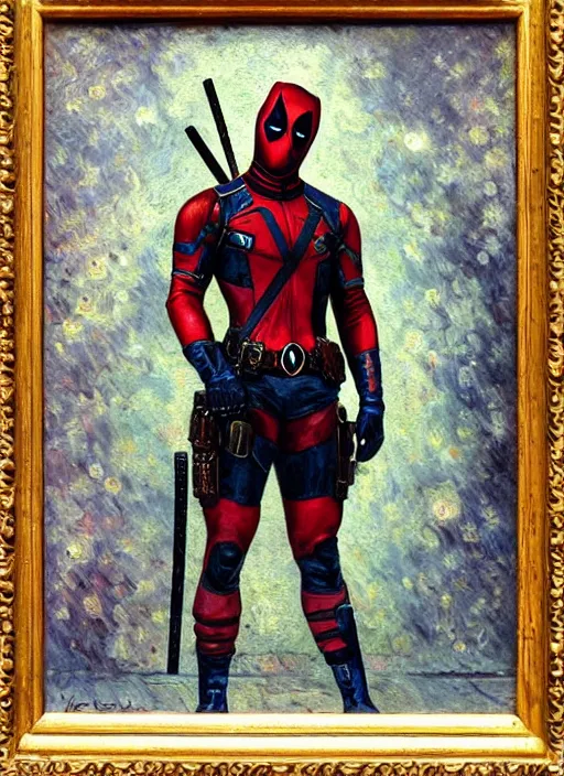 Image similar to oil painting of victorian deadpool created by james jean, vincent van gogh, michaelangelo, fantasy, portrait, highly detailed, large brush strokes