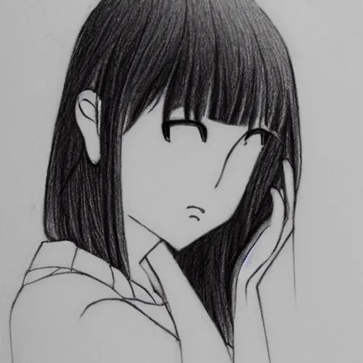 Image similar to a lonely girl by hiramatsu reiji. pencil sketch.