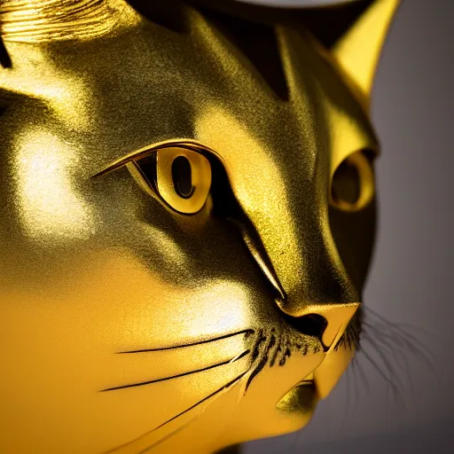 Image similar to A realistic sculpture of a regal cat made of gold, fine detail, hyperrealistic, XF IQ4, f/1.4, ISO 200, 1/160s, 8K, RAW, unedited, in-frame, sharpened