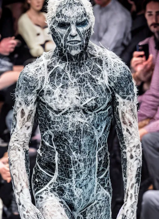 Prompt: hyperrealistic and heavy detailed off white avant garde runway show of thanos ( marvel comics ), leica sl 2 5 0 mm, vivid color, high quality, high textured, real life