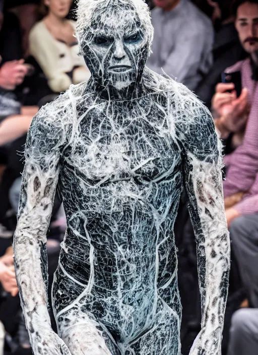 Image similar to hyperrealistic and heavy detailed off white avant garde runway show of thanos ( marvel comics ), leica sl 2 5 0 mm, vivid color, high quality, high textured, real life