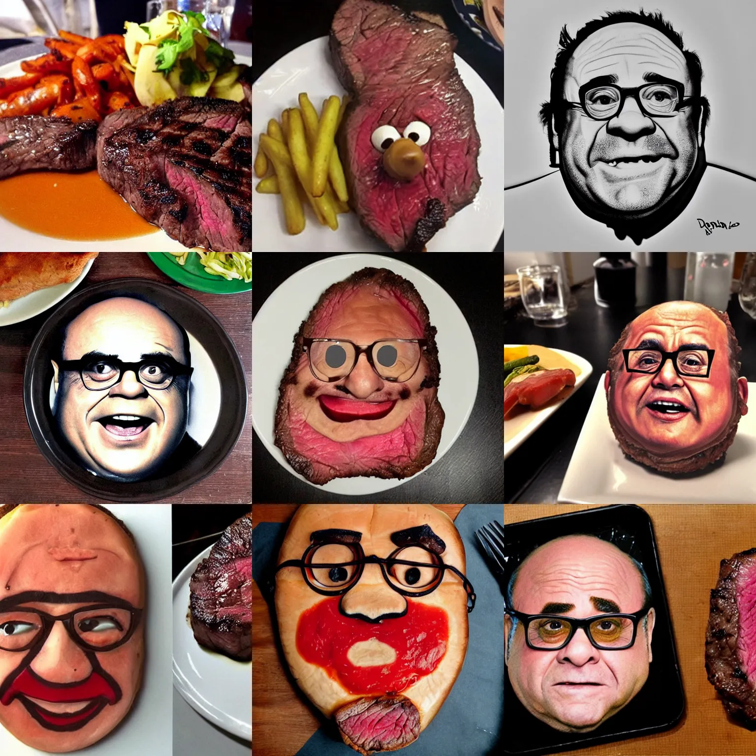 Prompt: a steak with danny devito's face