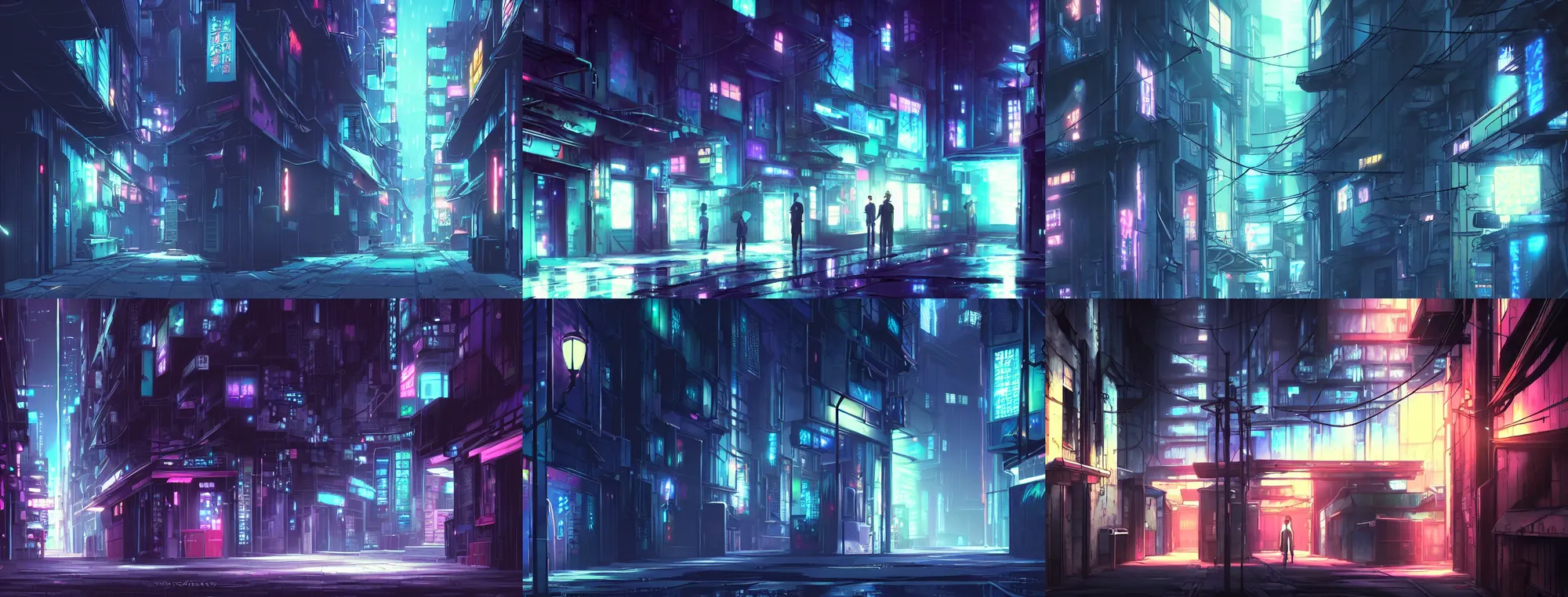 Prompt: anime background art matte painting close up of a city alleyway in the atmospheric cyberpunk anime film, neon noir, at night with lights, by makoto shinkai, in the anime series ergo proxy